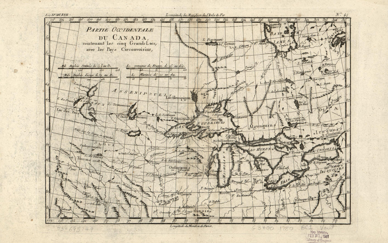 This old map of Partie Occidentale Du Canada, Contenant Les Cinq Grands Lacs, Avec Les Pays Circonvoisins from 1780 was created by Rigobert Bonne in 1780