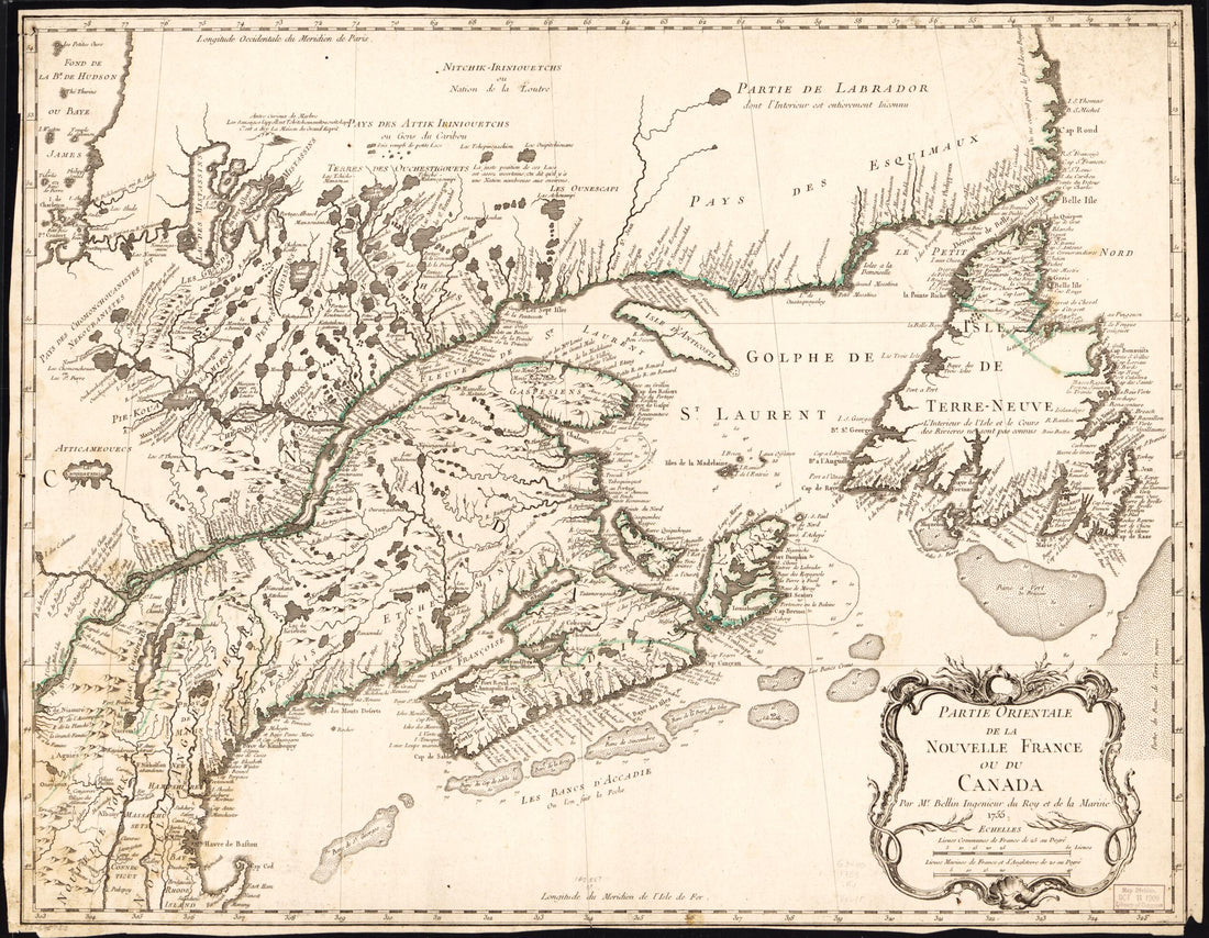 This old map of Partie Orientale De La Nouvelle France Ou Du Canada from 1755 was created by Jacques Nicolas Bellin in 1755