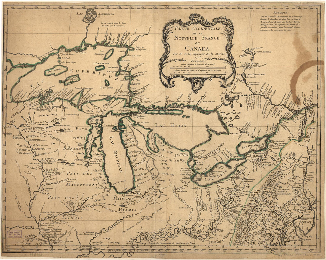 This old map of Partie Occidentale De La Nouvelle France Ou Canada from 1755 was created by Jacques Nicolas Bellin in 1755