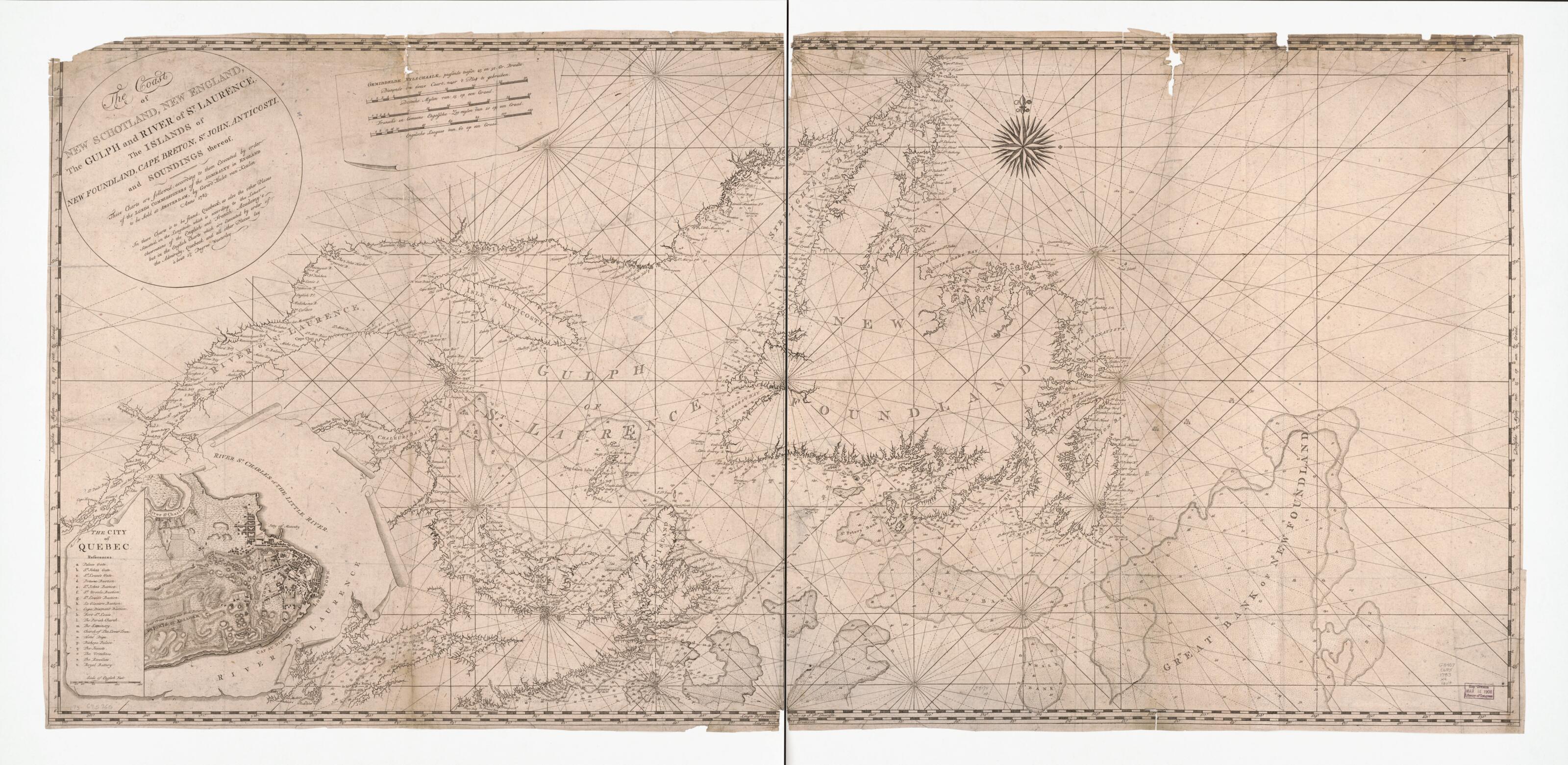 This old map of The Coast of New Schotland, New England, the Gulph and River of St. Laurence : the Islands of Newfoundland, Cape Breton, St. John, Anticosti and Soundings Thereof from 1783 was created by Gerard Hulst Van Keulen in 1783