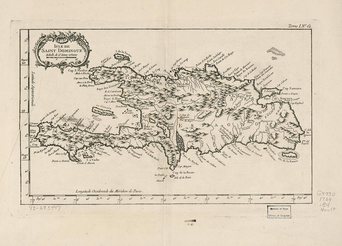 This old map of Isle De Saint Domingue from 1764 was created by Jacques Nicolas Bellin in 1764