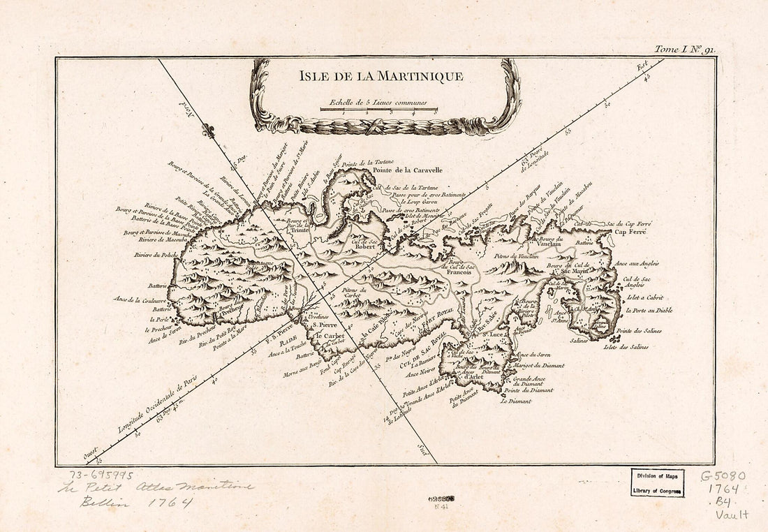 This old map of Isle De La Martinique from 1764 was created by Jacques Nicolas] [Bellin in 1764