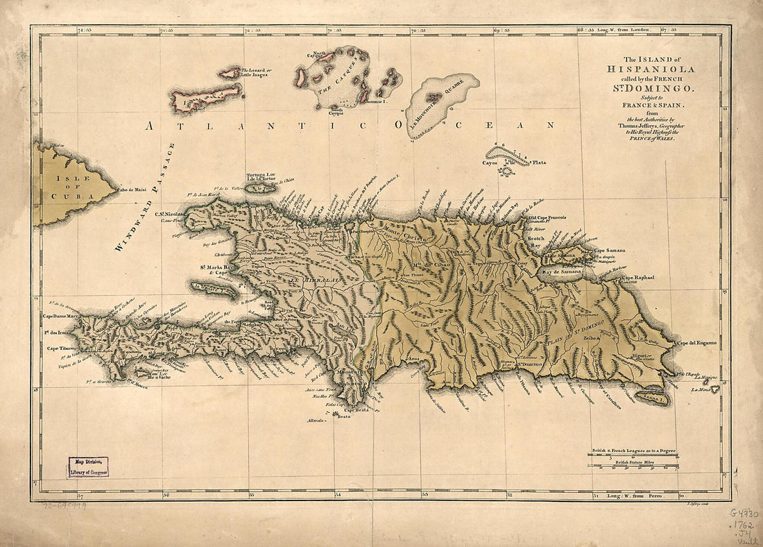 This old map of The Island of Hispaniola Called by the French St. Domingo. Subject to France &amp; Spain from 1762 was created by Thomas Jefferys in 1762