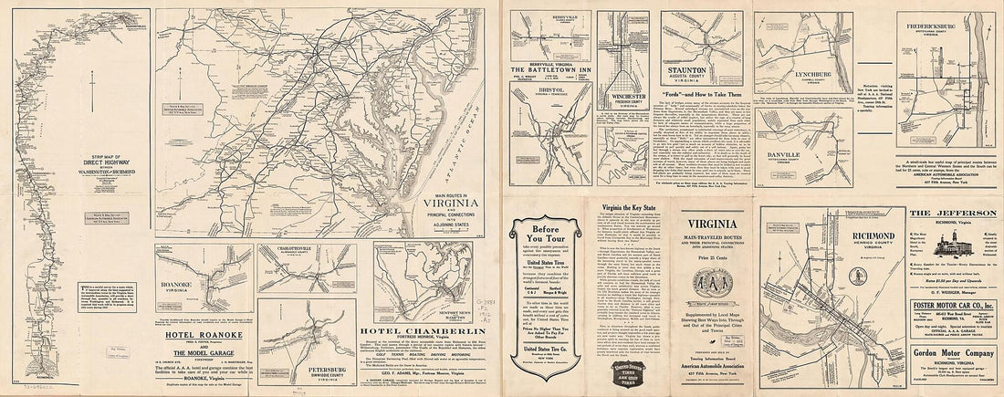 This old map of Main Routes In Virginia and Principal Connections Into Adjoining States from 1912 was created by  American Automobile Association in 1912