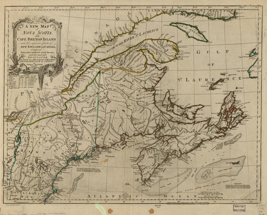 This old map of A New Map of Nova Scotia, and Cape Breton Island With the Adjacent Parts of New England and Canada, Composed from a Great Number of Actual Surveys; and Other Materials Regulated by Many New Astronomical Observations of the Longitude As We
