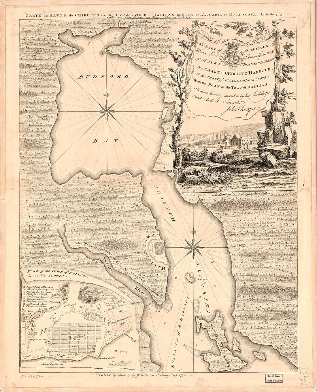 This old map of This Chart of Chibucto Harbour, On the Coast of Accadia, Or Nova Scotia, With the Plan of the Town of Halifax. Carte Du Havre De Chibucto Avec Le Plan De La Ville De Halifax Fur La Coste De L&