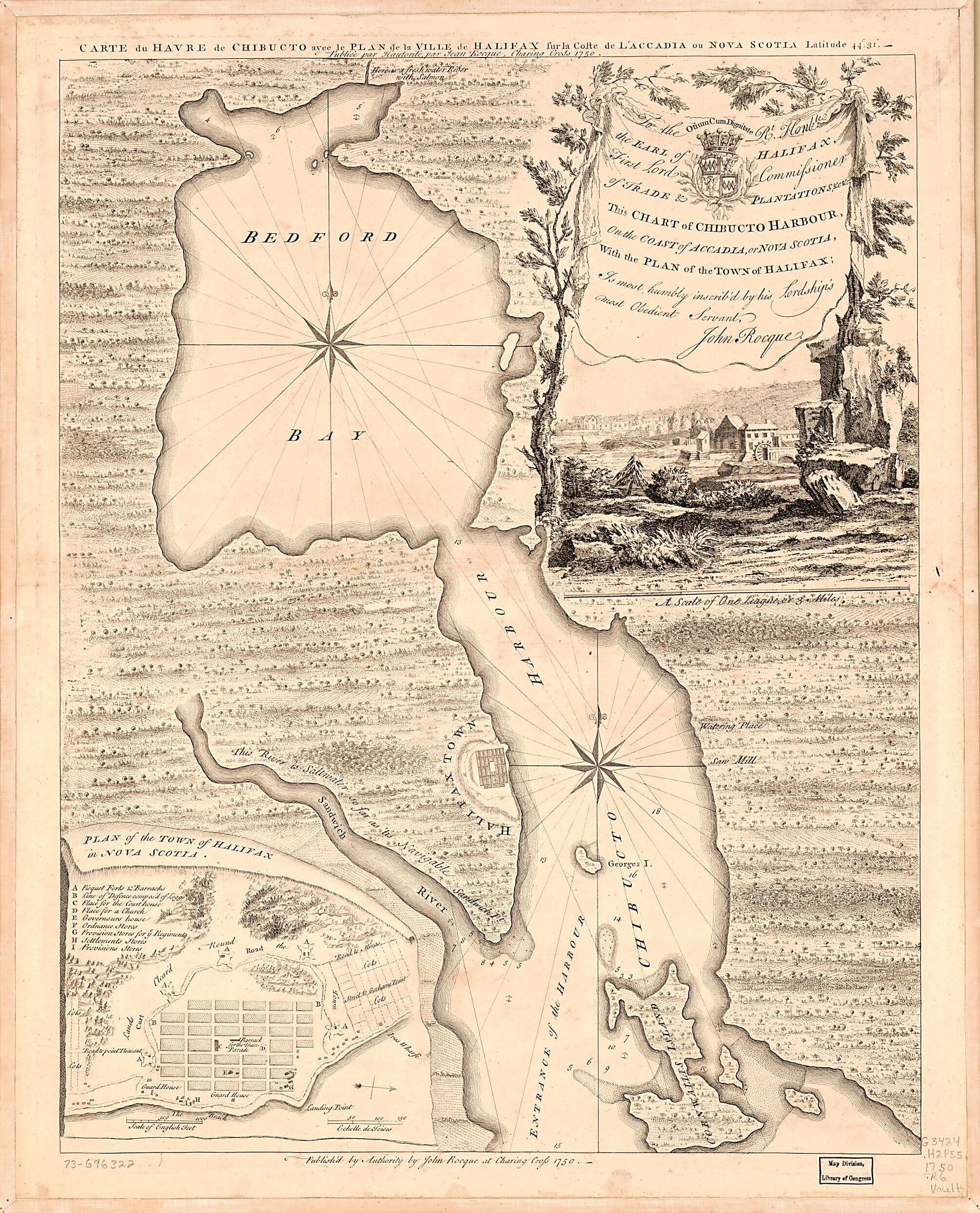 This old map of This Chart of Chibucto Harbour, On the Coast of Accadia, Or Nova Scotia, With the Plan of the Town of Halifax. Carte Du Havre De Chibucto Avec Le Plan De La Ville De Halifax Fur La Coste De L&