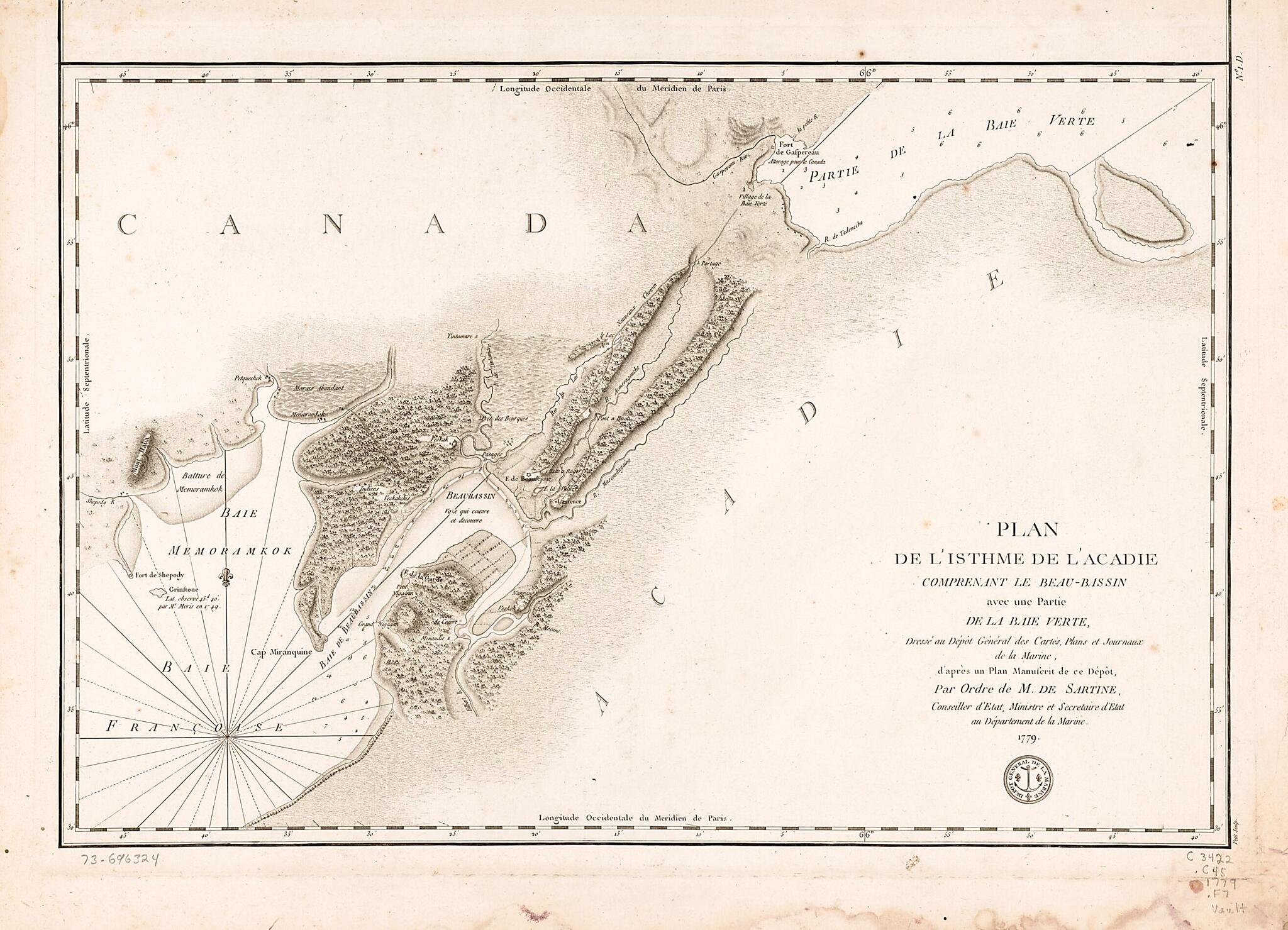 This old map of Bassin Avec Une Partie De La Baie Verte from 1778 was created by  France. Dépôt Des Cartes Et Plans De La Marine,  Petit, Antoine De Sartine in 1778