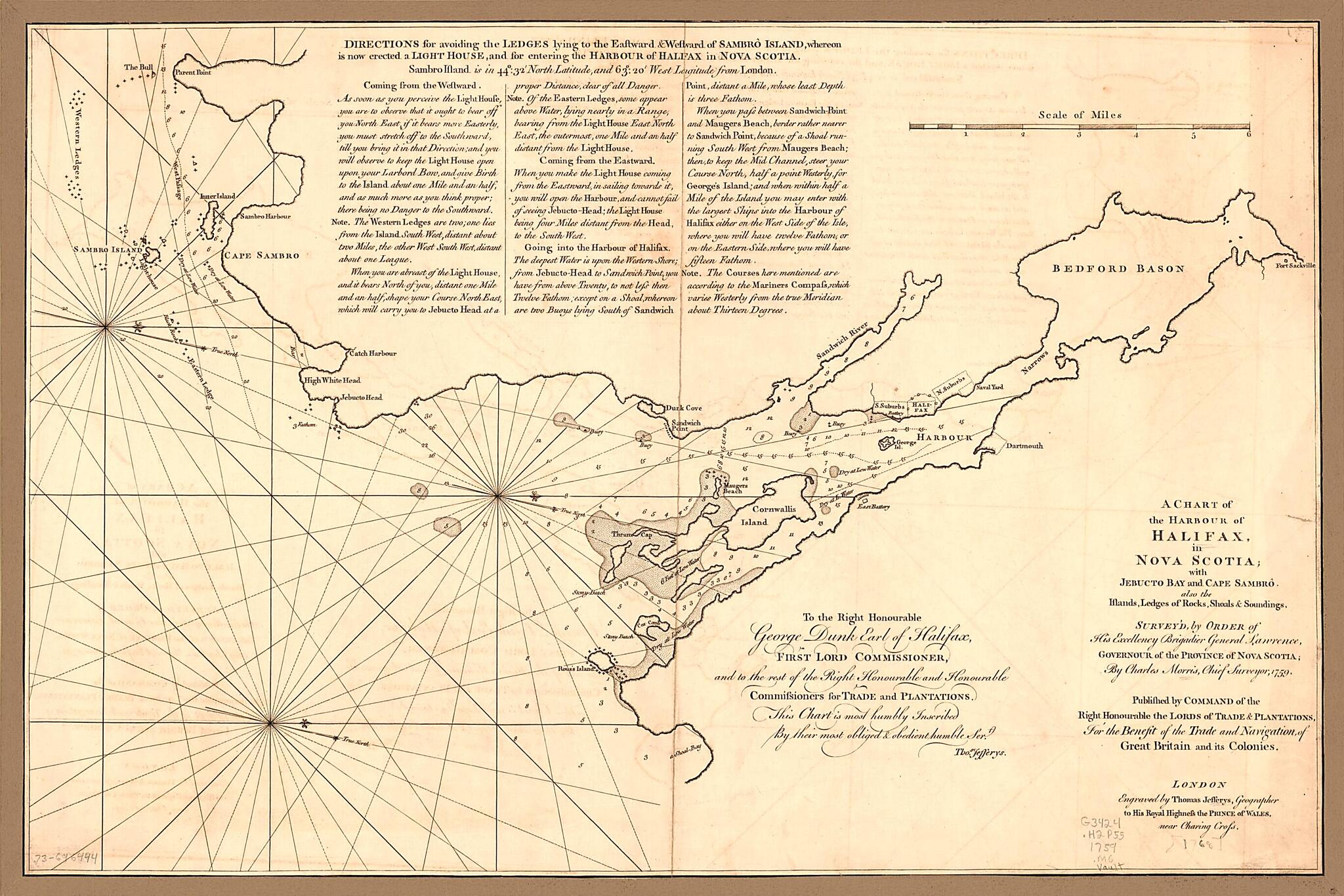 This old map of A Chart of the Harbour of Halifax, In Nova Scotia; With Jebucto Bay and Cape Sambrô, Also the Islands, Ledges of Rocks, Shoals &amp; Soundings from 1768 was created by Thomas Jefferys, Charles Morris in 1768