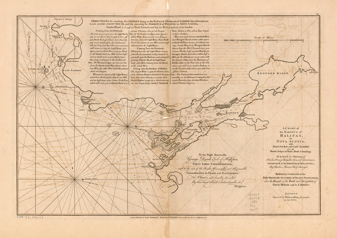 This old map of A Chart of the Harbour of Halifax, In Nova Scotia; With Jebucto Bay and Cape Sambrô, Also the Islands, Ledges of Rocks, Shoals &amp; Soundings from 1778 was created by Thomas Jefferys, Charles Morris, Robert Sayer in 1778