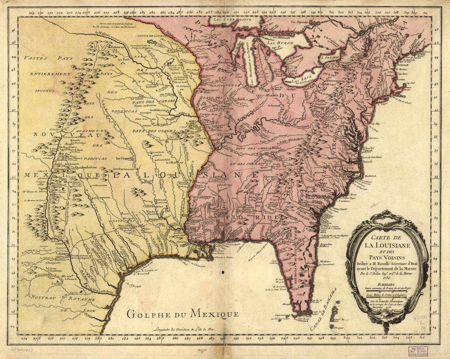 This old map of Carte De La Louisiane Et Des Pays Voisins from 1763 was created by Jacques Nicolas Bellin in 1763