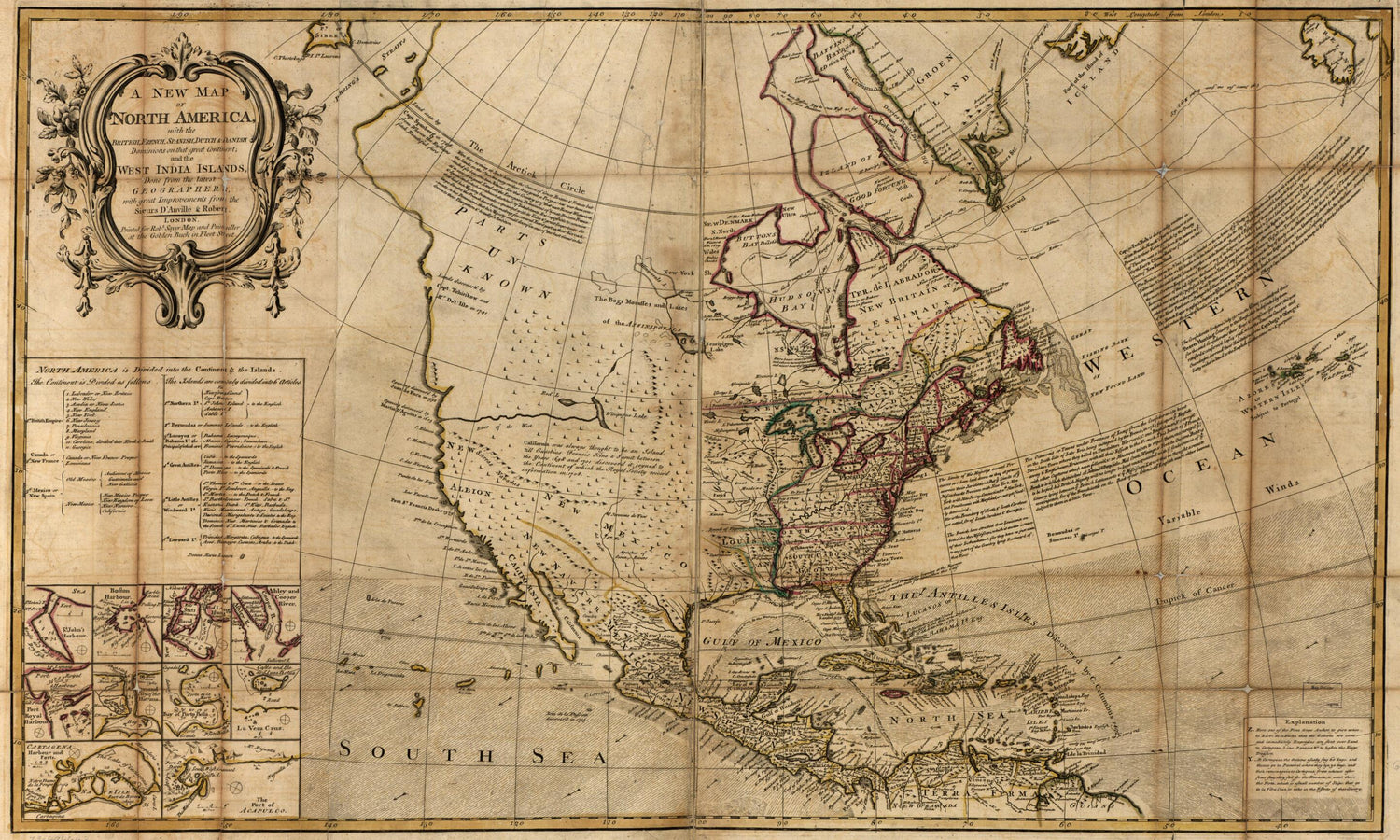 This old map of A New Map of North America, With the British, French, Spanish, Dutch &amp; Danish Dominions On That Great Continent; and the West India Islands from 1750 was created by Jean Baptiste Bourguignon D Anville, Didier Robert De Vaugondy, Robert Sa