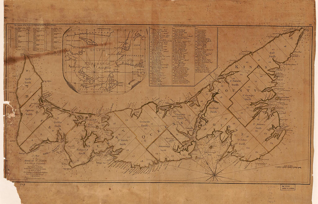 This old map of A Map of the Island of St. John In the Gulf of St. Laurence Divided Into Counties &amp; Parishes and the Lots As Granted by Government. to Which Are Added the Soundings Round the Coast &amp; Harbours from 1776 was created by Thomas] [Jefferys, Sa