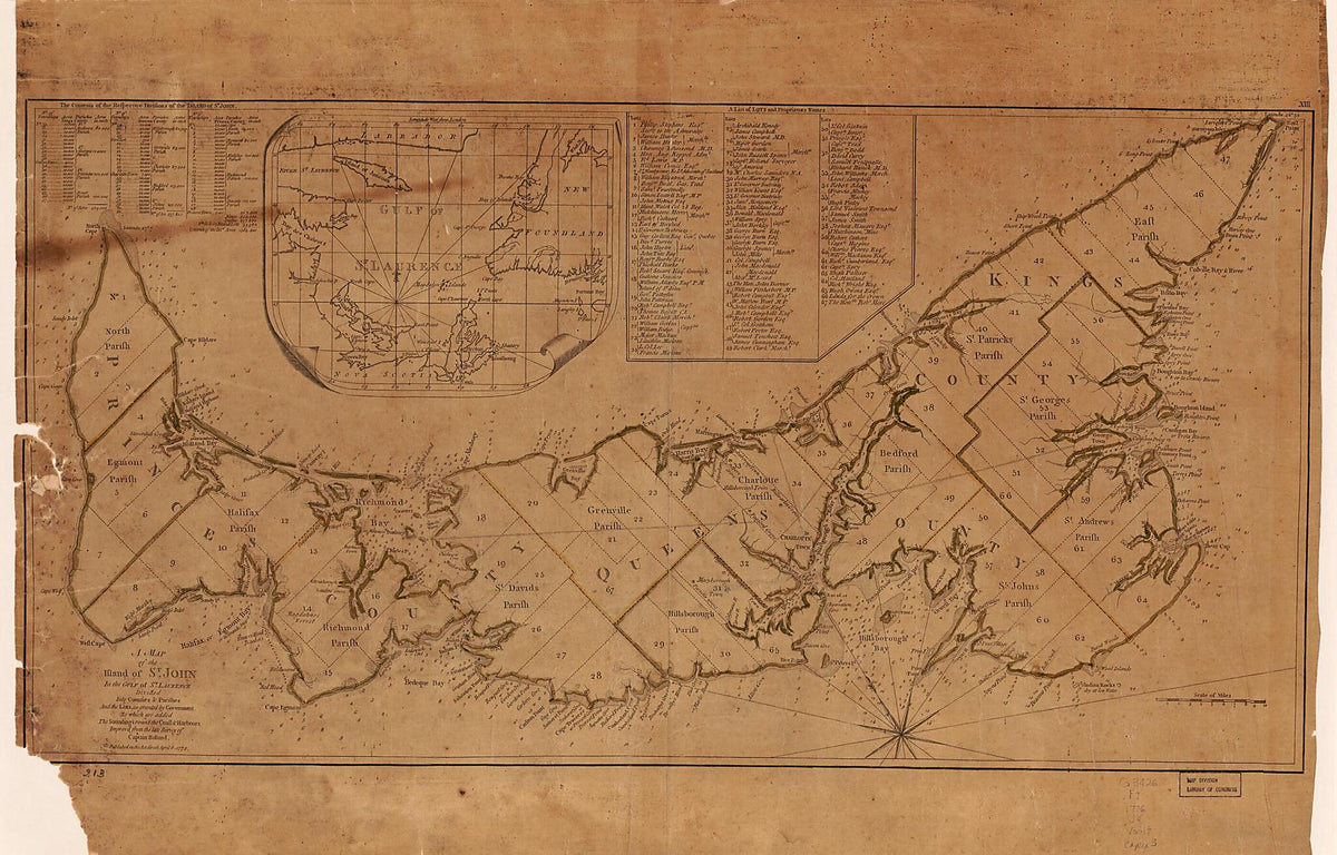 A Map of the Island of St. John In the Gulf of St. Laurence Divided Into Counties &amp; Parishes and the Lots As Granted by Government. to Which Are Added the Soundings Round the Coast &amp; Harbours 1776 by Relic Map Company