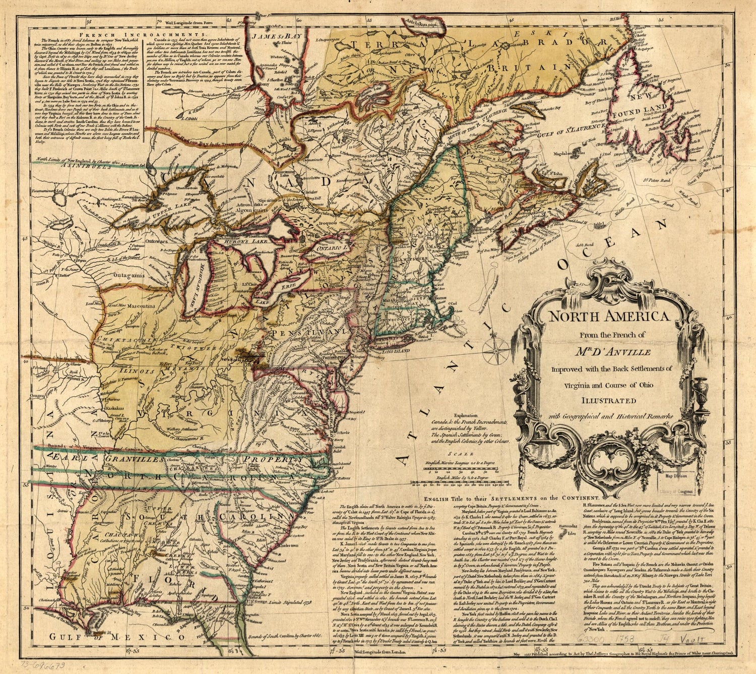 This old map of North America from 1758 was created by Jean Baptiste Bourguignon D Anville, Thomas Jefferys in 1758