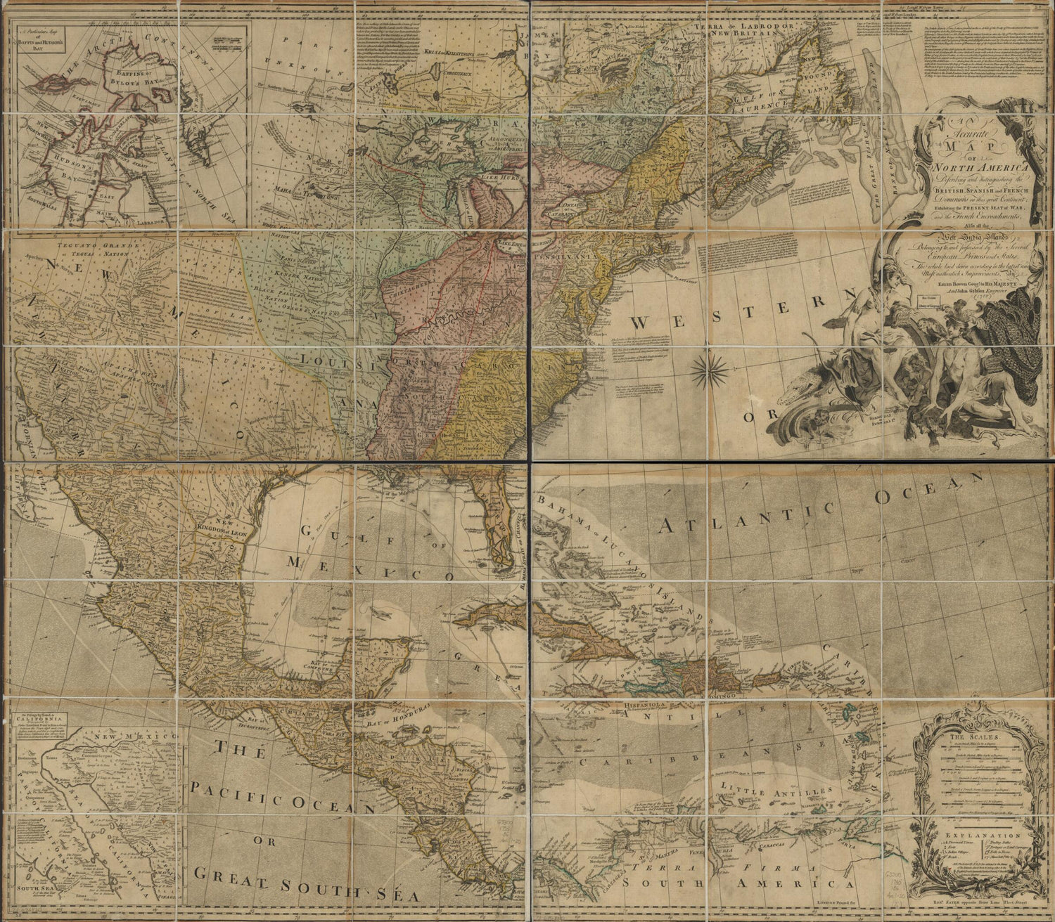 This old map of An Accurate Map of North America. Describing and Distinguishing the British, Spanish and French Dominions On This Great Continent; Exhibiting the Present Seat of War, and the French Encroachments. Also All the West India Islands Belonging