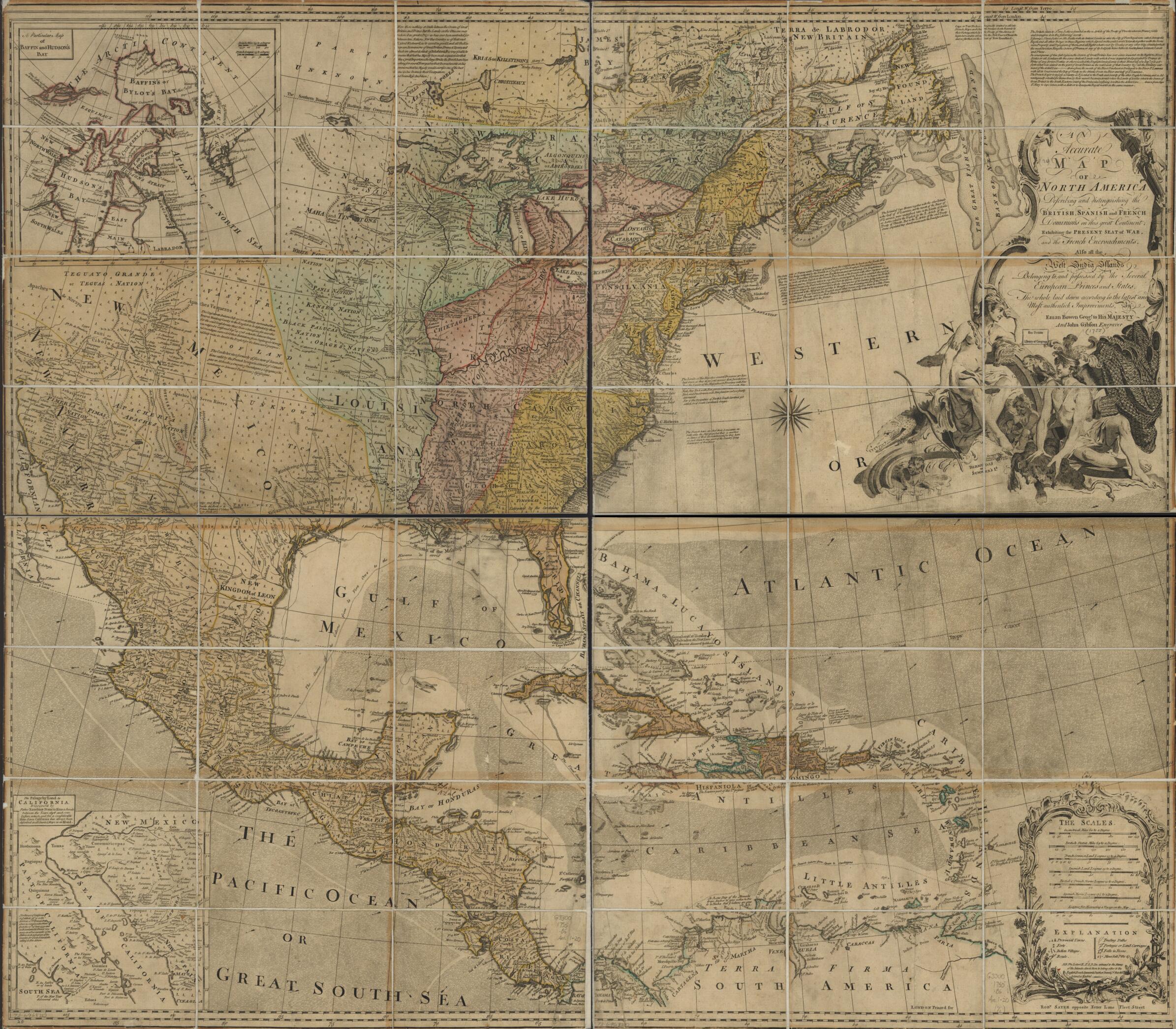 This old map of An Accurate Map of North America. Describing and Distinguishing the British, Spanish and French Dominions On This Great Continent; Exhibiting the Present Seat of War, and the French Encroachments. Also All the West India Islands Belonging