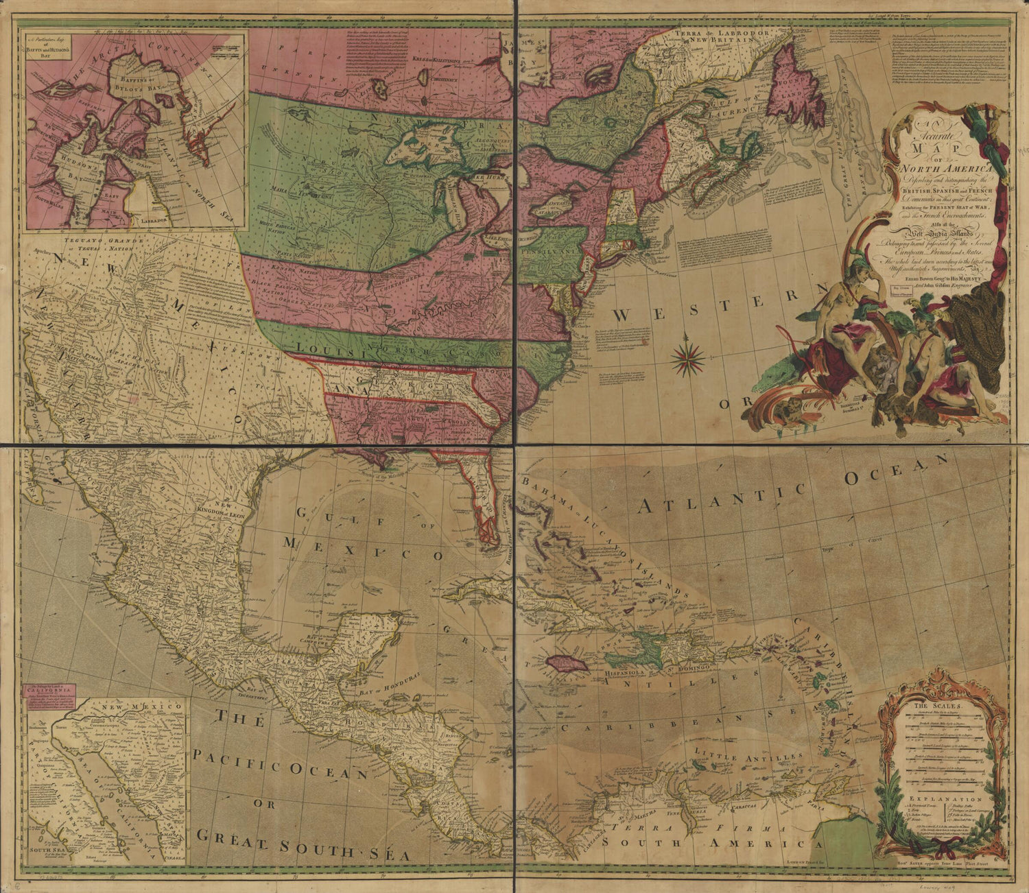 An Accurate Map of North America. Describing and Distinguishing the British, Spanish and French Dominions On This Great Continent; Exhibiting the Present Seat of War, and the French Encroachments. Also All the West India Islands Belonging To, and Poss... by Relic Map Company