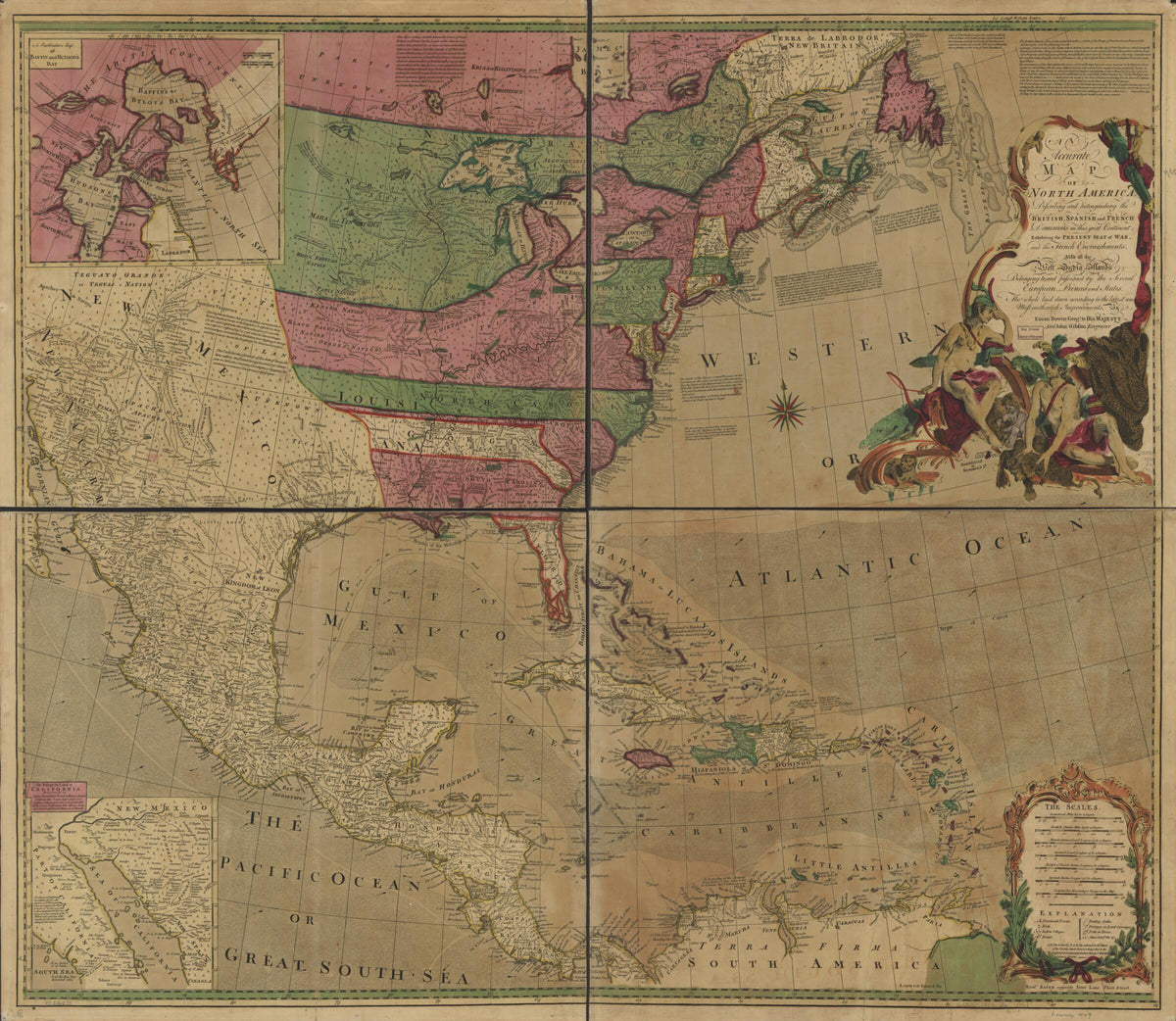 An Accurate Map of North America. Describing and Distinguishing the British, Spanish and French Dominions On This Great Continent; Exhibiting the Present Seat of War, and the French Encroachments. Also All the West India Islands Belonging To, and Poss... by Relic Map Company