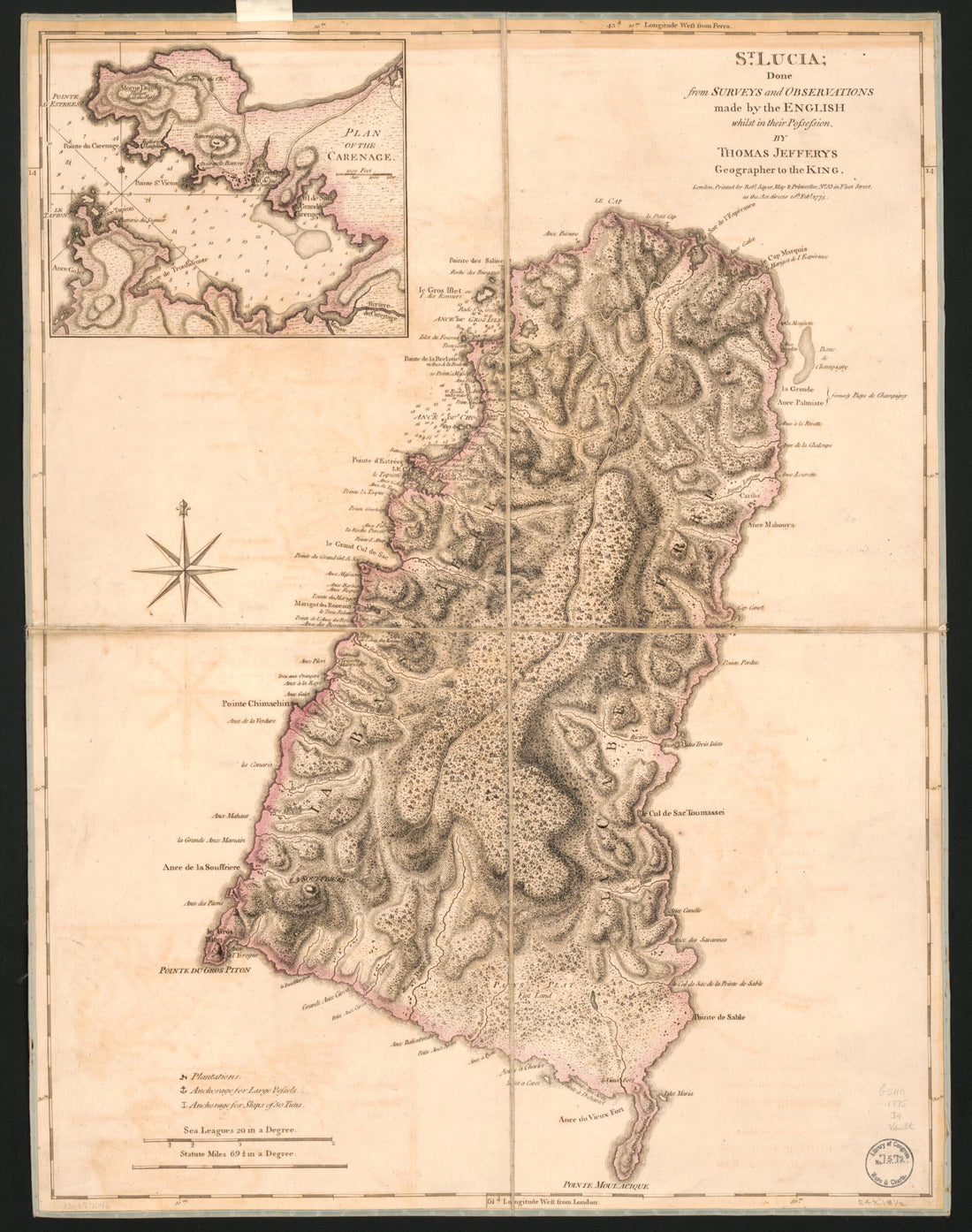 This old map of St. Lucia; Done from Surveys and Observations Made by the English Whilst In Their Possession from 1775 was created by Thomas Jefferys, Robert Sayer in 1775