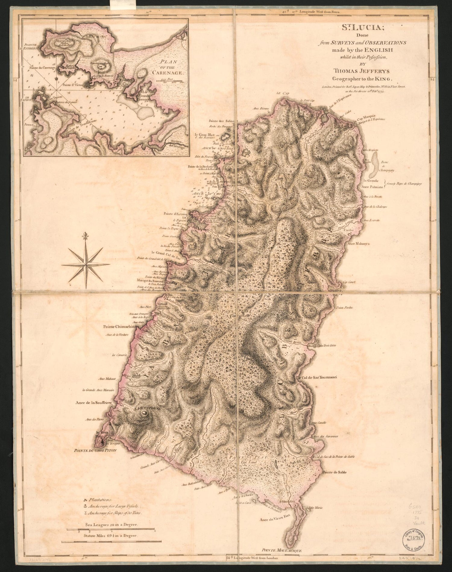This old map of St. Lucia; Done from Surveys and Observations Made by the English Whilst In Their Possession from 1775 was created by Thomas Jefferys, Robert Sayer in 1775