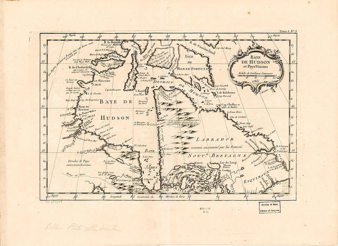 This old map of Baye De Hudson Et Pays Voisins, 1763 from 1764 was created by Jacques Nicolas] [Bellin in 1764