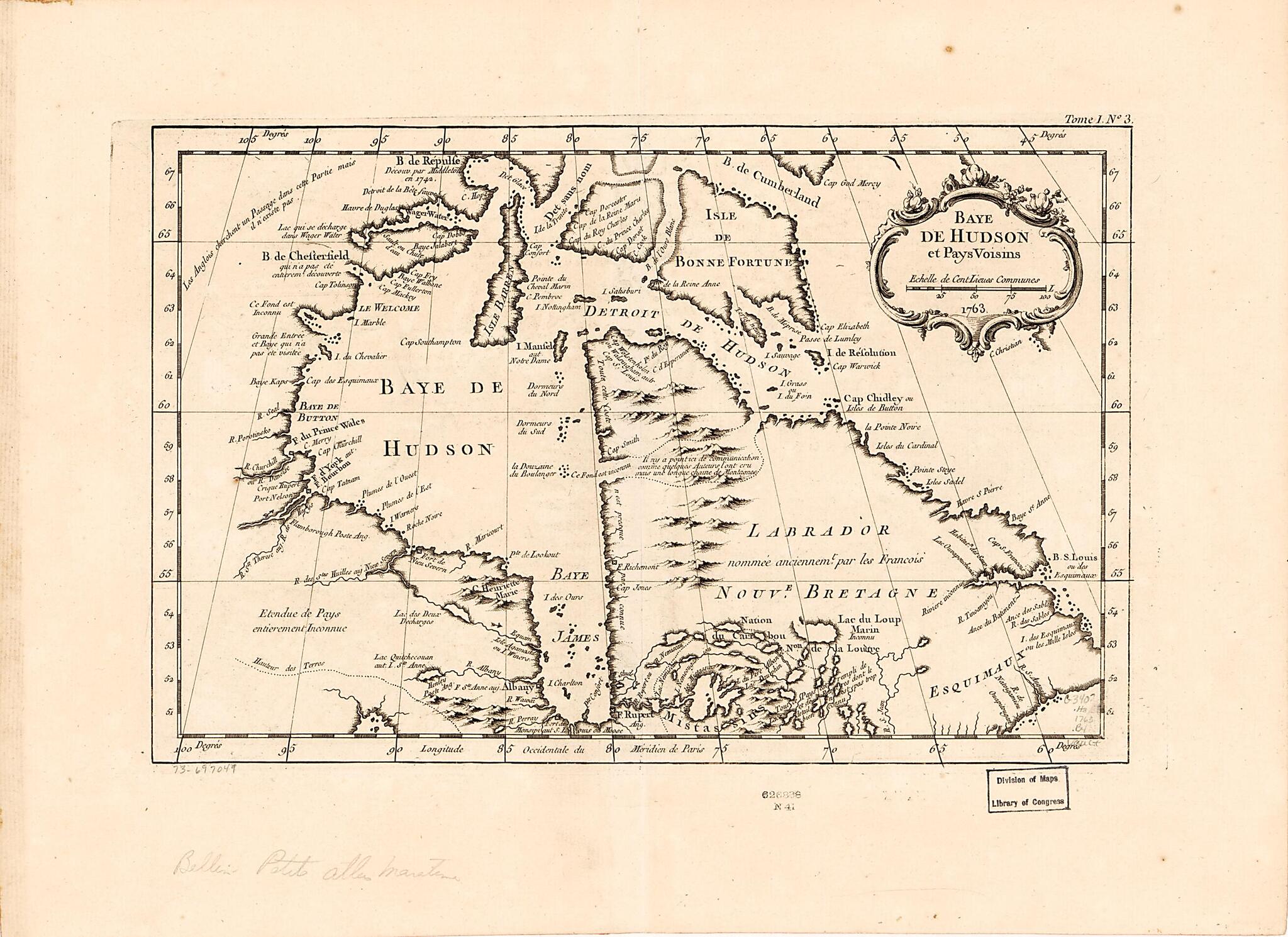 This old map of Baye De Hudson Et Pays Voisins, 1763 from 1764 was created by Jacques Nicolas] [Bellin in 1764