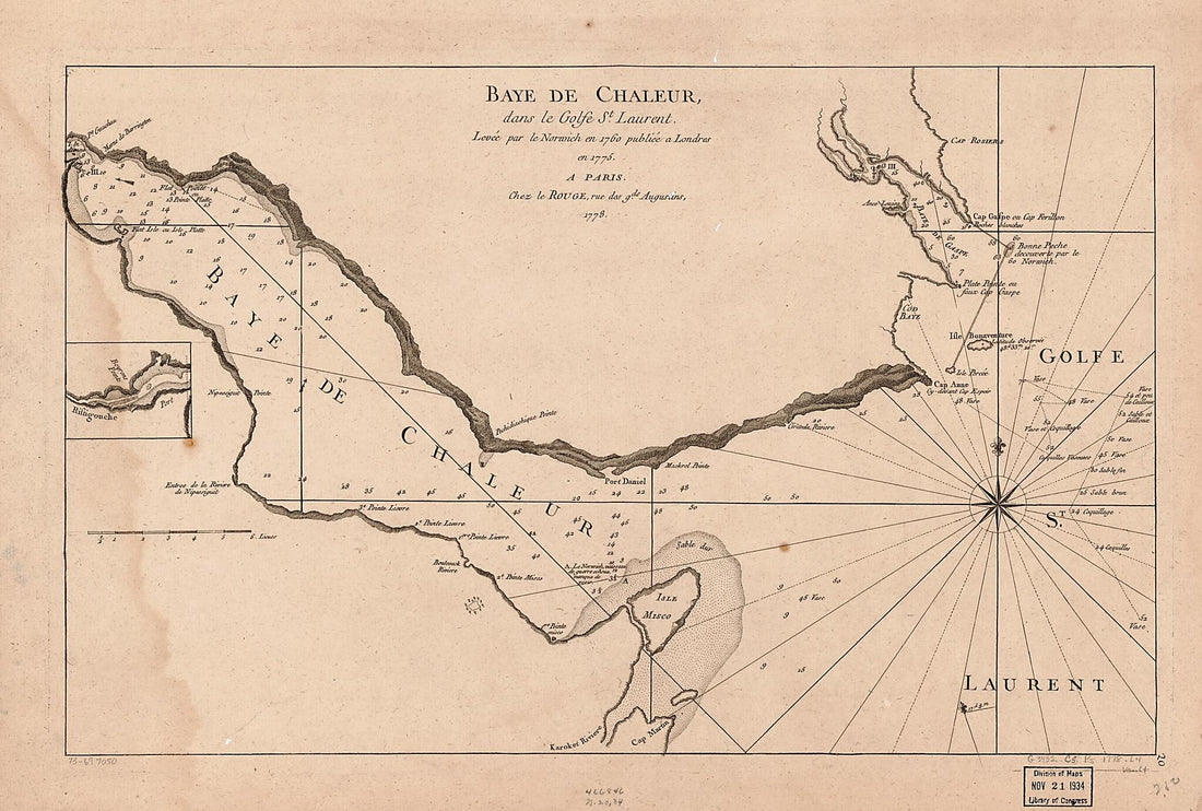 This old map of Baye De Chaleur, Dans Le Golfe St. Laurent, from 1778 was created by  Louis in 1778