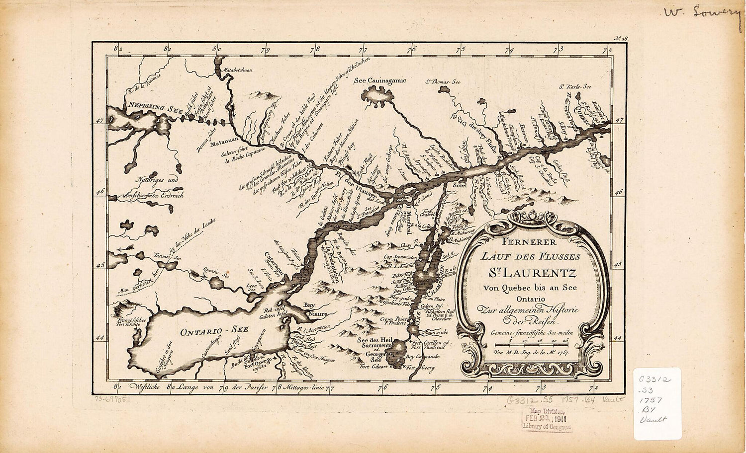 This old map of Fernerer Lauf Des Flusses St. Laurentz Von Quebec Bis an See Ontario, Zur Allgemeinen Historie Der Reisen from 1757 was created by Jacques Nicolas Bellin in 1757