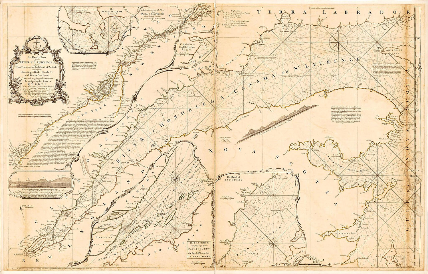 This old map of An Exact Chart of the River St. Laurence, from Fort Frontenac to the Island of Anticosti Shewing the Soundings, Rocks, Shoals &amp;c With Views of the Lands and All Necessary Instructions for Navigating That River to Quebec from 1757 was crea