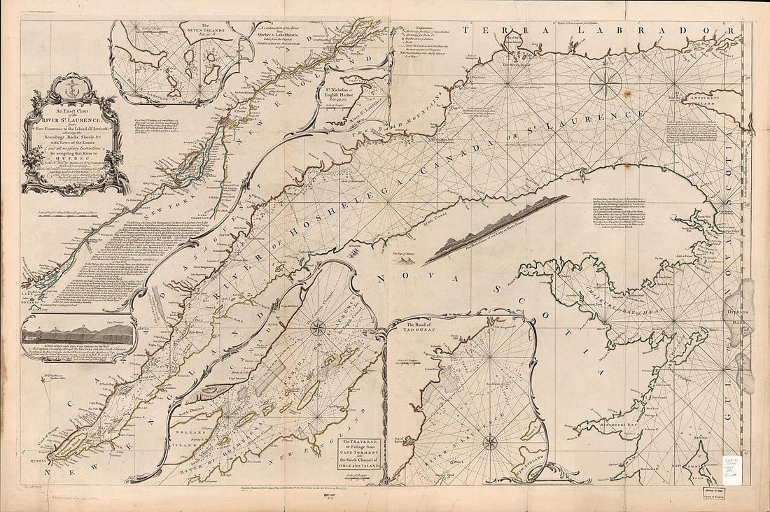 This old map of An Exact Chart of the River St. Laurence, from Fort Frontenac to the Island of Anticosti Shewing the Soundings, Rocks, Shoals &c With Views of the Lands and All Necessary Instructions for Navigating That River to Quebec from 1775 was crea