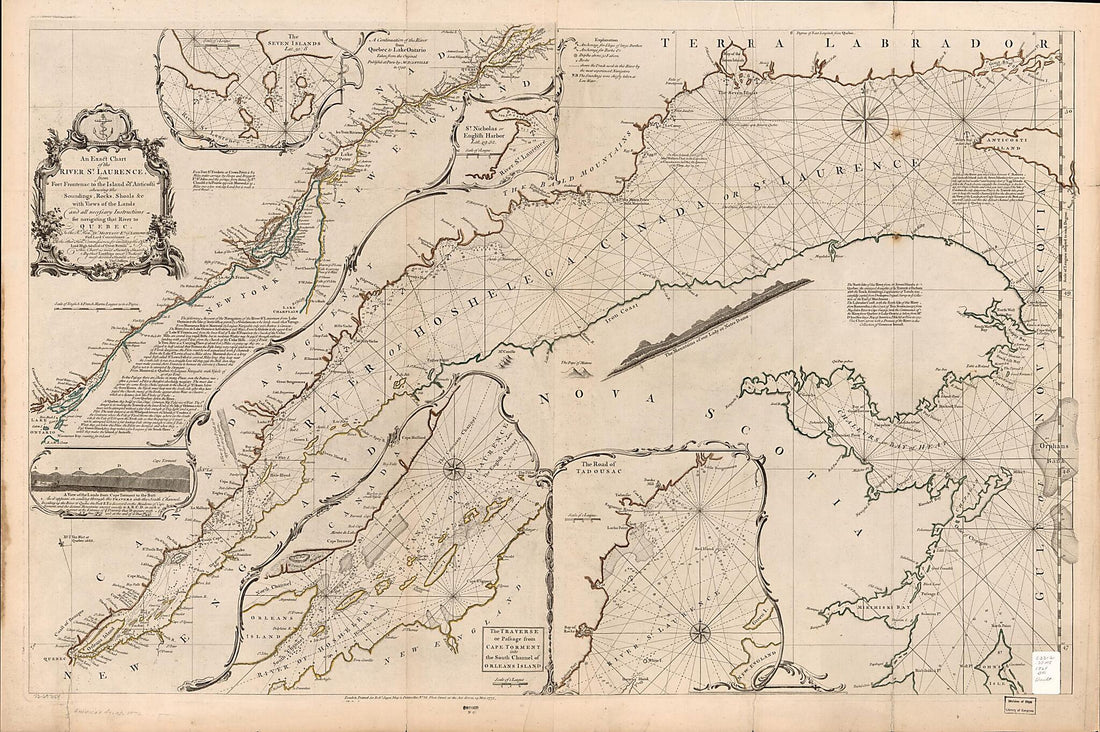 This old map of An Exact Chart of the River St. Laurence, from Fort Frontenac to the Island of Anticosti Shewing the Soundings, Rocks, Shoals &amp;c With Views of the Lands and All Necessary Instructions for Navigating That River to Quebec from 1775 was crea