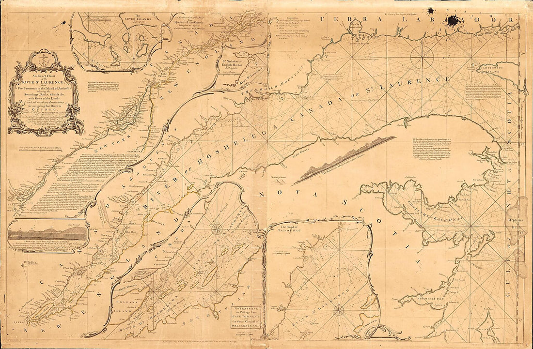 This old map of An Exact Chart of the River St. Laurence, from Fort Frontenac to the Island of Anticosti Shewing the Soundings, Rocks, Shoals &c With Views of the Lands and All Necessary Instructions for Navigating That River to Quebec from 1775 was crea