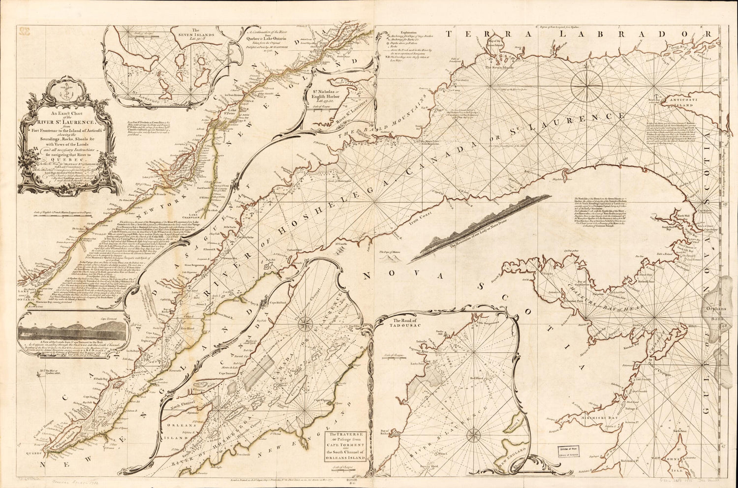 This old map of An Exact Chart of the River St. Laurence, from Fort Frontenac to the Island of Anticosti Shewing the Soundings, Rocks, Shoals &amp;c With Views of the Lands and All Necessary Instructions for Navigating That River to Quebec from 1782 was crea