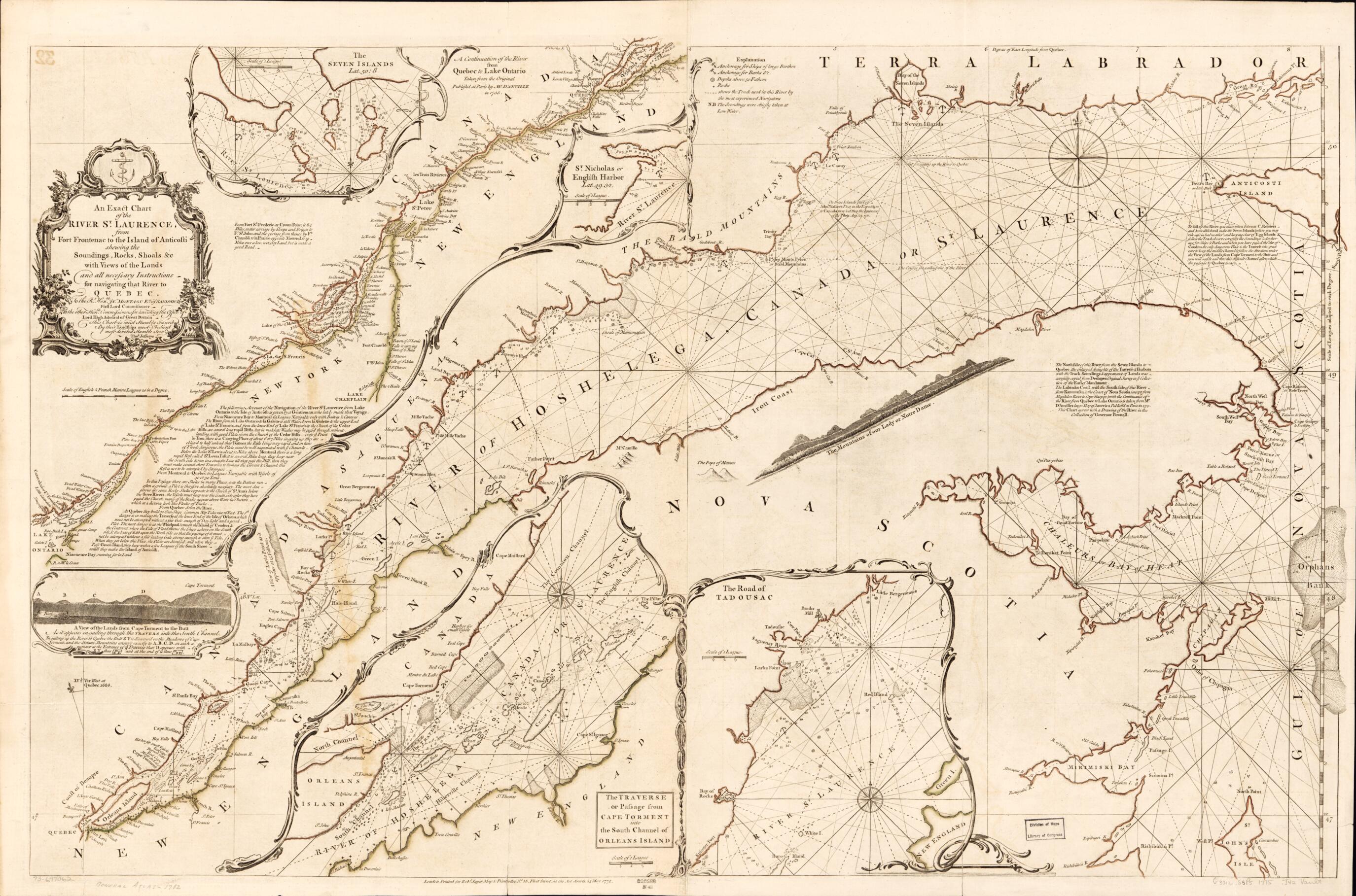 This old map of An Exact Chart of the River St. Laurence, from Fort Frontenac to the Island of Anticosti Shewing the Soundings, Rocks, Shoals &amp;c With Views of the Lands and All Necessary Instructions for Navigating That River to Quebec from 1782 was crea