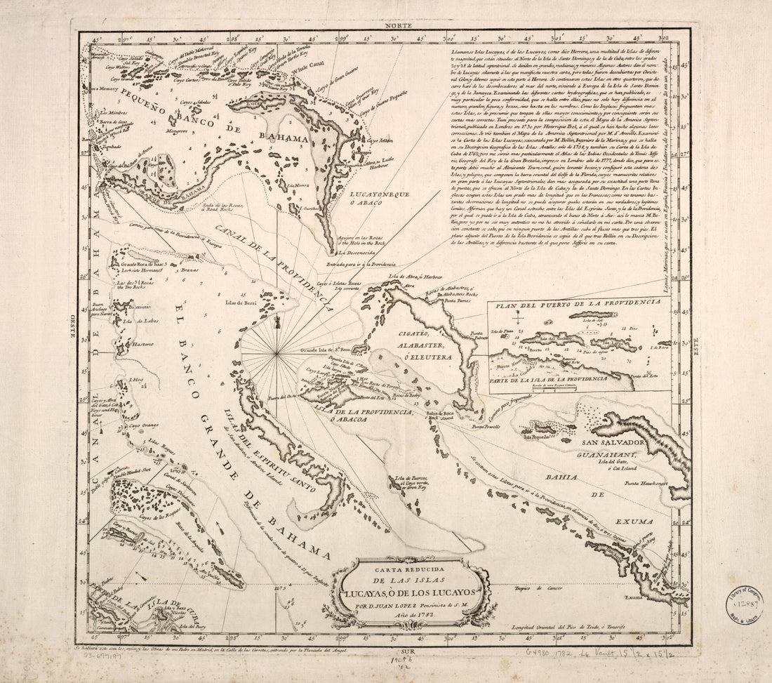This old map of Carta Reducida De Las Islas Lucayas, ò De Los Lucayos from 1782 was created by Juan López in 1782