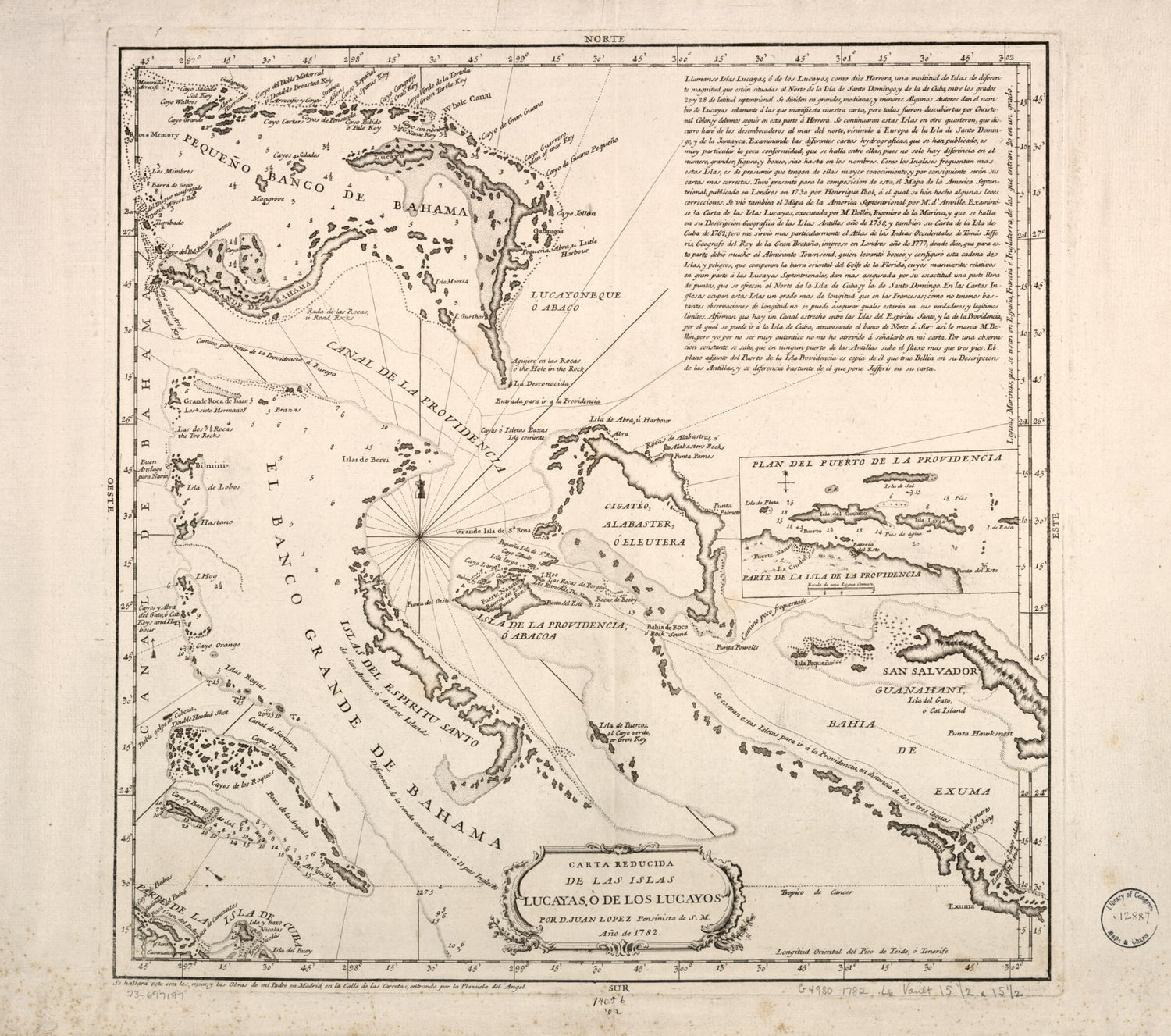 This old map of Carta Reducida De Las Islas Lucayas, ò De Los Lucayos from 1782 was created by Juan López in 1782