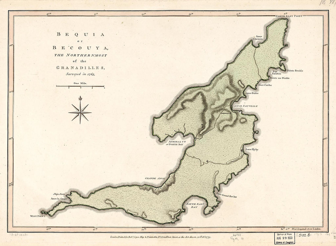 This old map of Bequia Or Becouya, the Northernmost of the Granadilles from 1775 was created by Thomas Jefferys, Robert Sayer in 1775