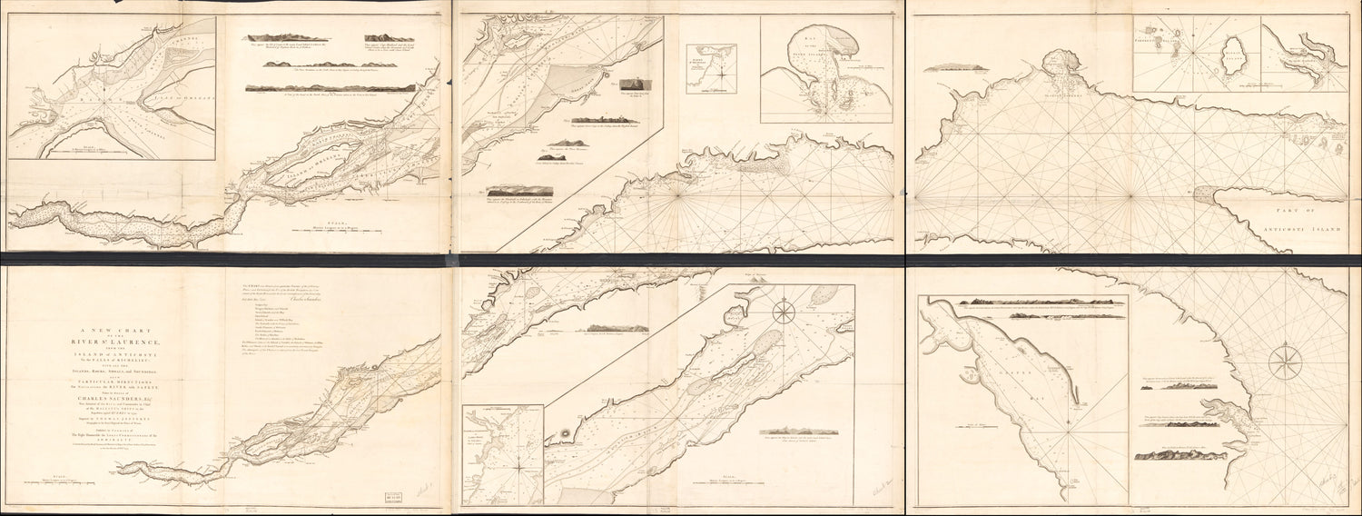 This old map of A New Chart of the River St. Laurence, from the Island of Anticosti to the Falls of Richelieu: With All the Islands, Rocks, Shoals, and Soundings, Also Particular Directions for Navigating the River With Safety. Taken by the Order of Char