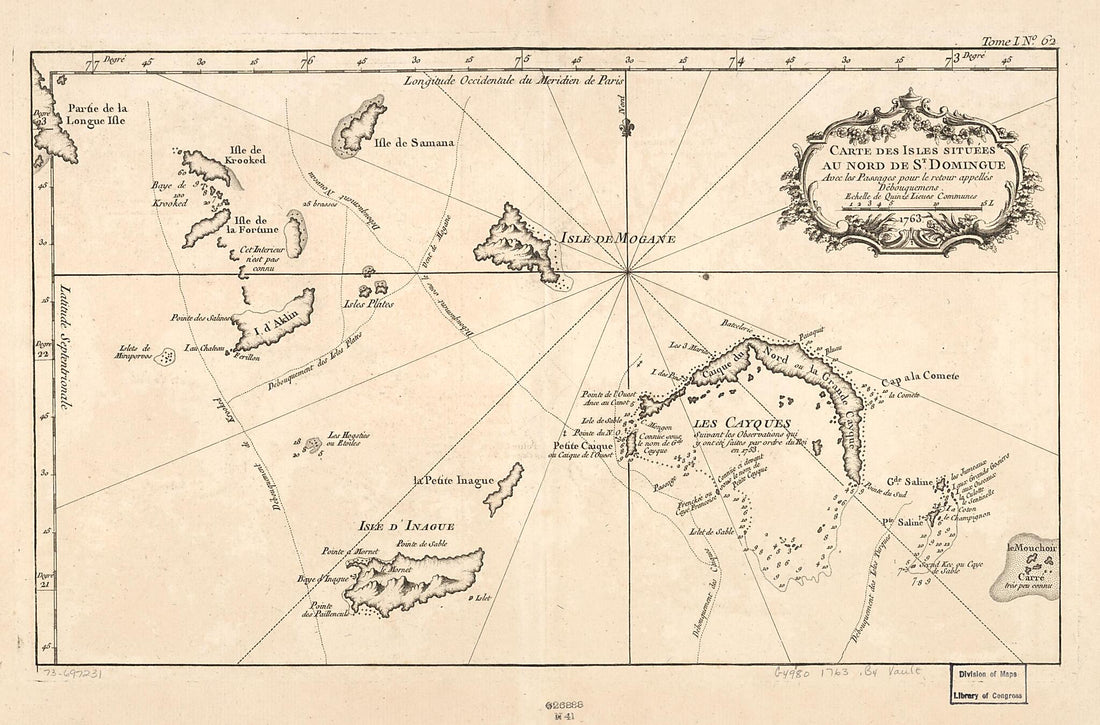 This old map of Carte Des Isle Situées Au Nord De St. Domingue, Avec Les Passages Pour Le Retour Appellés Débouquemens, 1763 from 1764 was created by Jacques Nicolas Bellin in 1764
