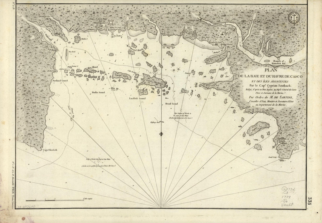 This old map of Plan De La Baie Et Du Havre De Casco Et Des îles Adjacentes from 1779 was created by  France. Dépôt Des Cartes Et Plans De La Marine, Antoine De Sartine, Cyprian Southack in 1779