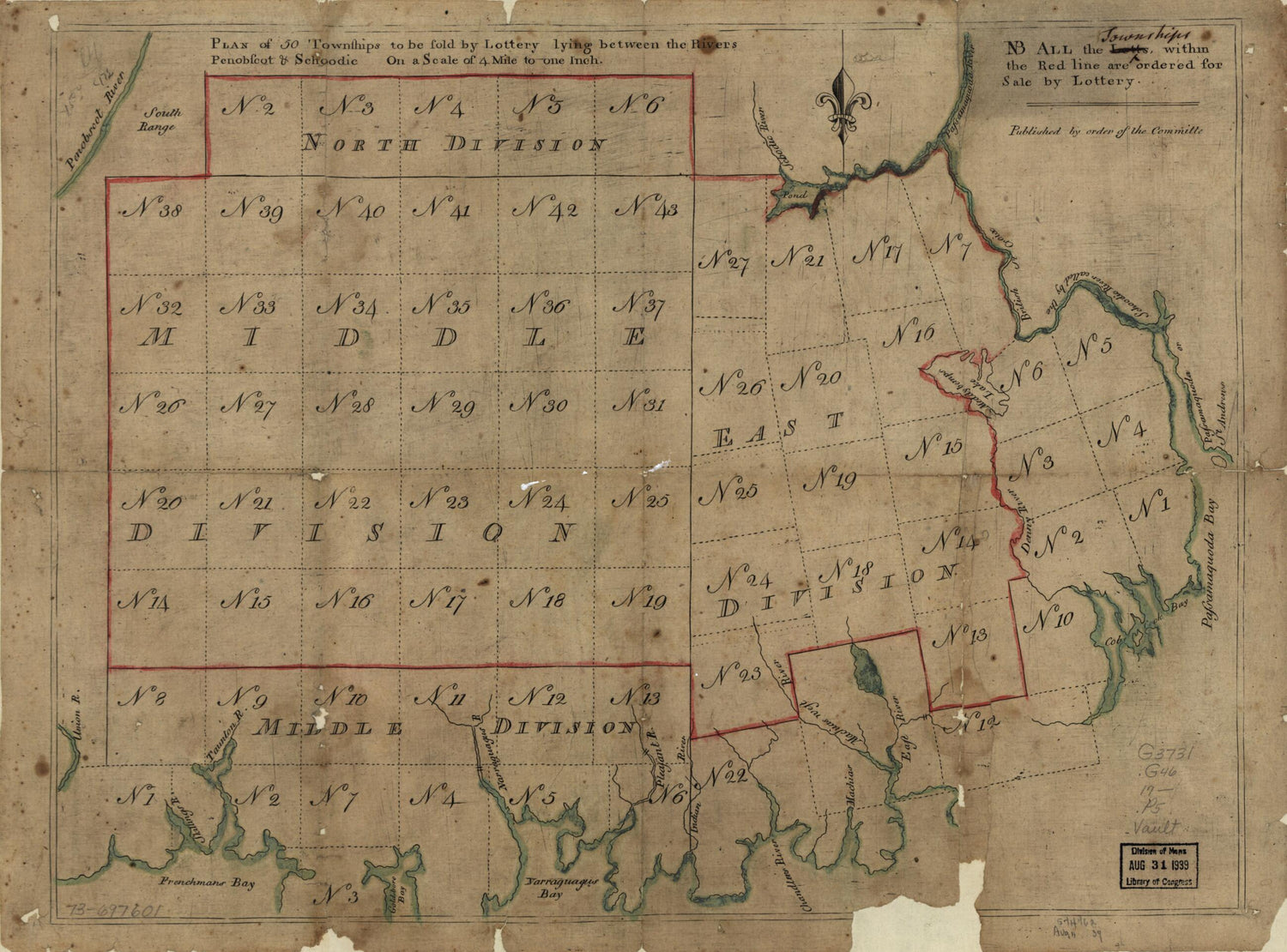 This old map of Plan of 50 Townships to Be Sold by Lottery Lying Between the Rivers Penobscot &amp; Schoodic from 1700 was created by  in 1700