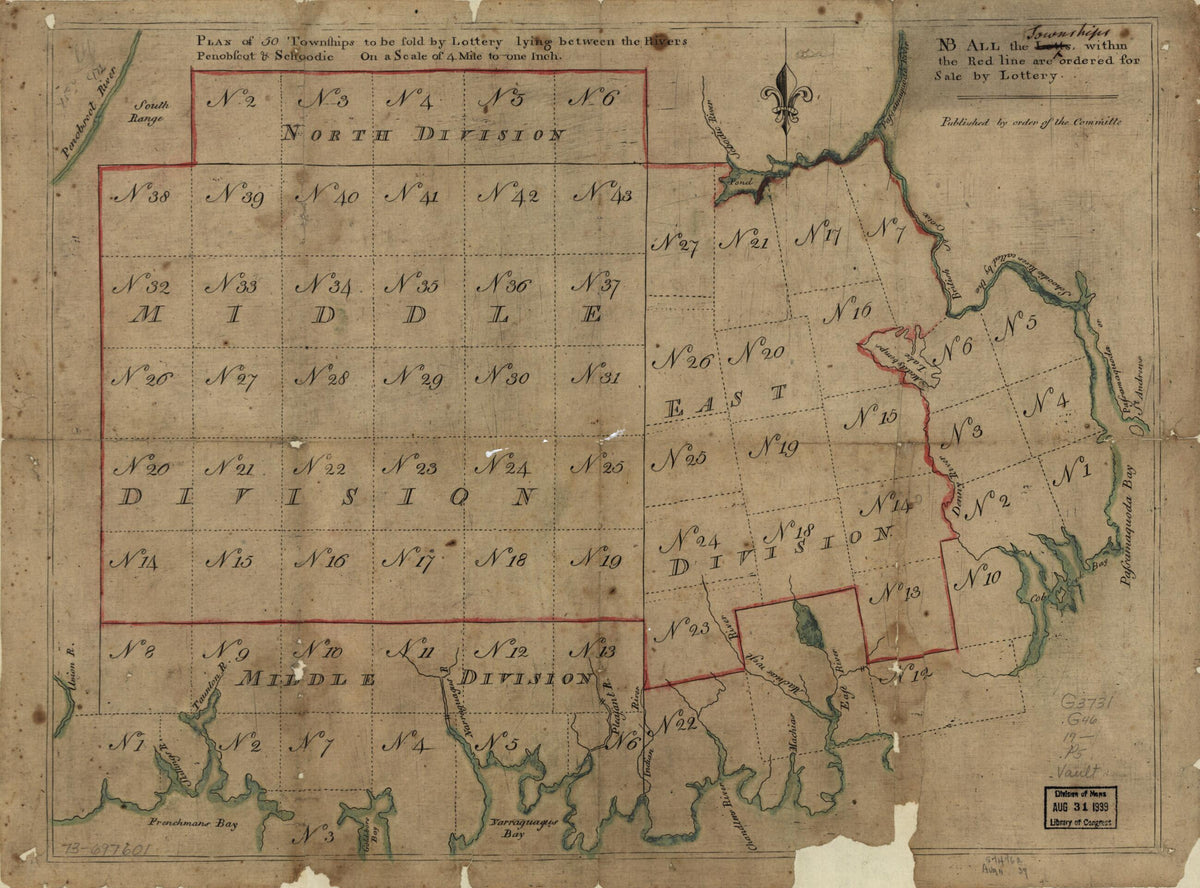 Plan of 50 Townships to Be Sold by Lottery Lying Between the Rivers Penobscot &amp; Schoodic 1700 by Relic Map Company