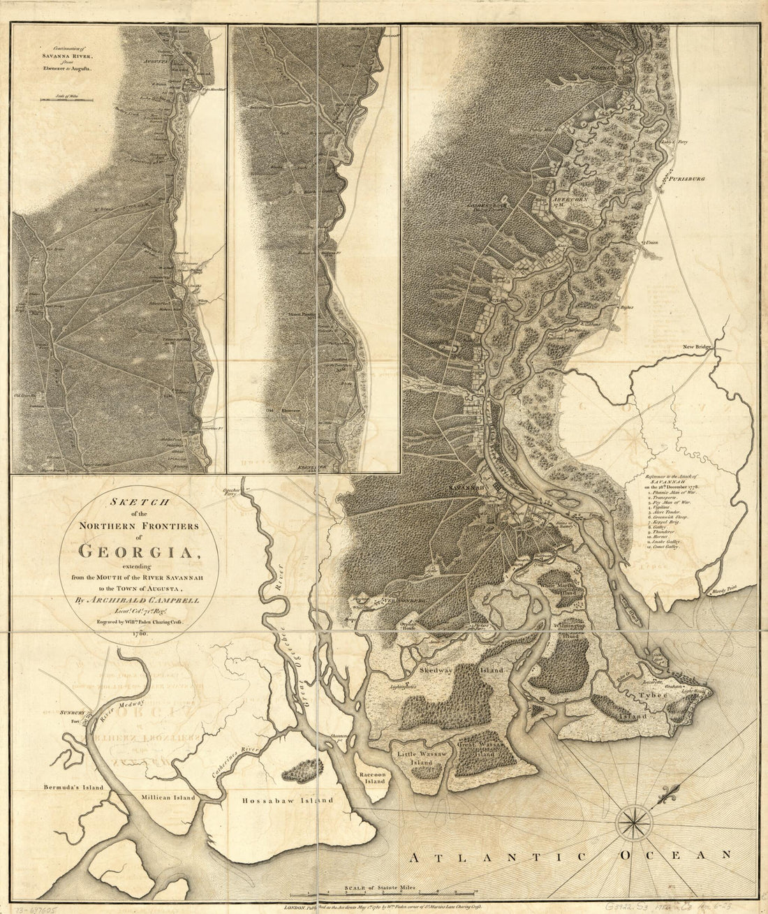 This old map of Sketch of the Northern Frontiers of Georgia, Extending from the Mouth of the River Savannah to the Town of Augusta from 1780 was created by Archibald Campbell, William Faden in 1780