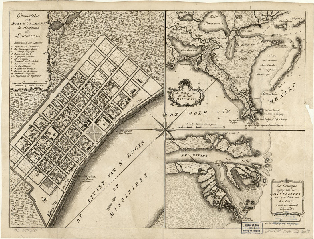 This old map of Grondvlakte Van Nieuw Orleans, De Hoofdstad Van Louisiana. De Uitloop Van De Rivier Missisippi. De Oostelyke Ingang Van De Missisippi, Met Een Plan Van Het Fort, &