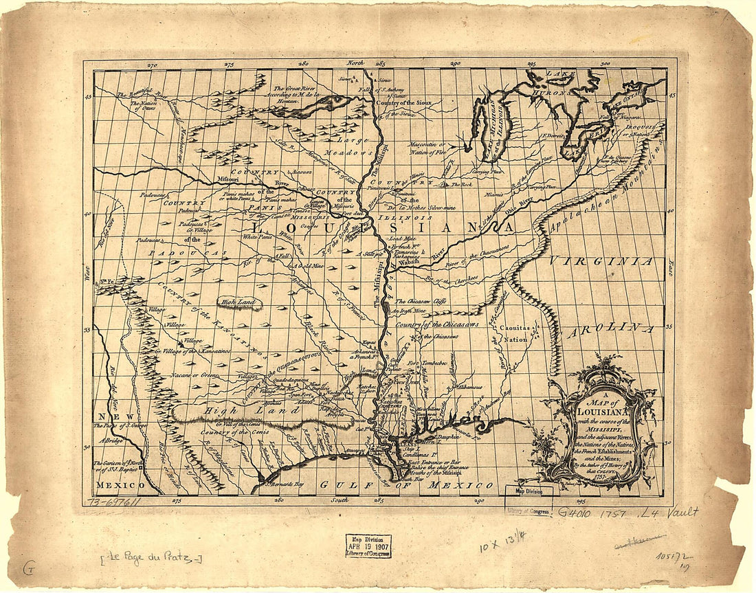 This old map of A Map of Louisiana, With the Course of the Missisipi, and the Adjacent Rivers, the Nations of the Natives, the French Establishments and the Mines; by the Author of Ye History of That Colony. 1757 from 1763 was created by  Le Page Du Prat