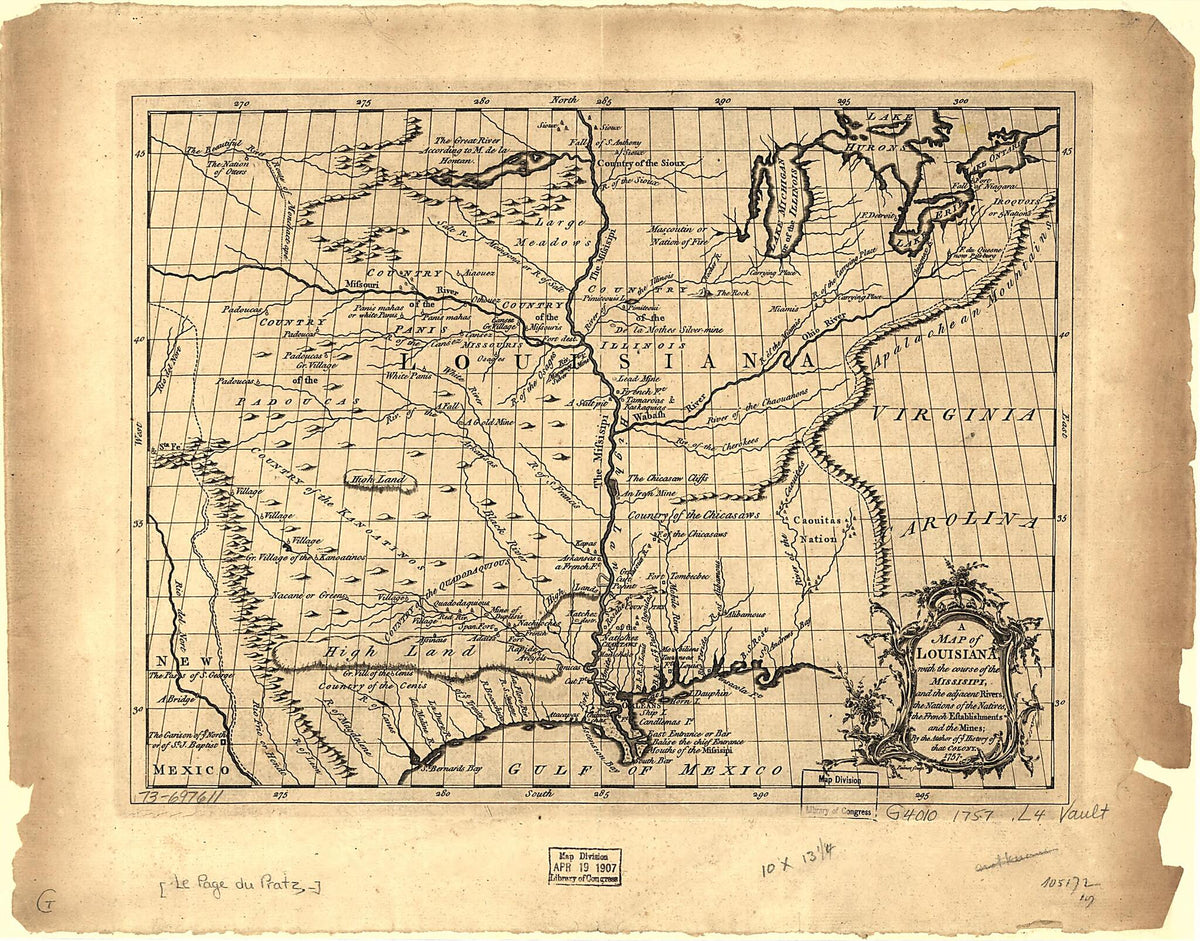 A Map of Louisiana, With the Course of the Missisipi, and the Adjacent Rivers, the Nations of the Natives, the French Establishments and the Mines; by the Author of Ye History of That Colony. 1757 1763 by Relic Map Company