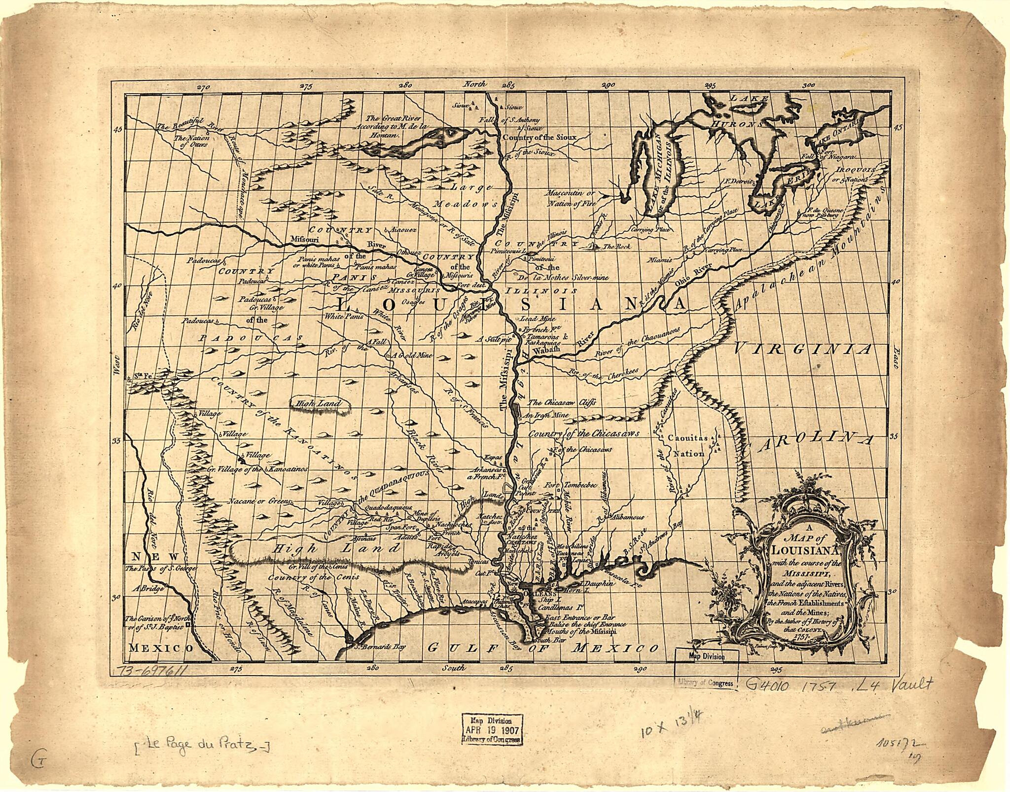 This old map of A Map of Louisiana, With the Course of the Missisipi, and the Adjacent Rivers, the Nations of the Natives, the French Establishments and the Mines; by the Author of Ye History of That Colony. 1757 from 1763 was created by  Le Page Du Prat