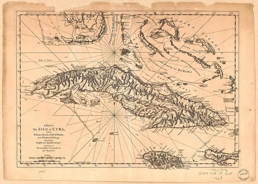 This old map of A Map of the Isle of Cuba, With the Bahama Islands, Gulf of Florida, and Windward Passage: Drawn from English and Spanish Surveys from 1762 was created by Thomas Jefferys in 1762
