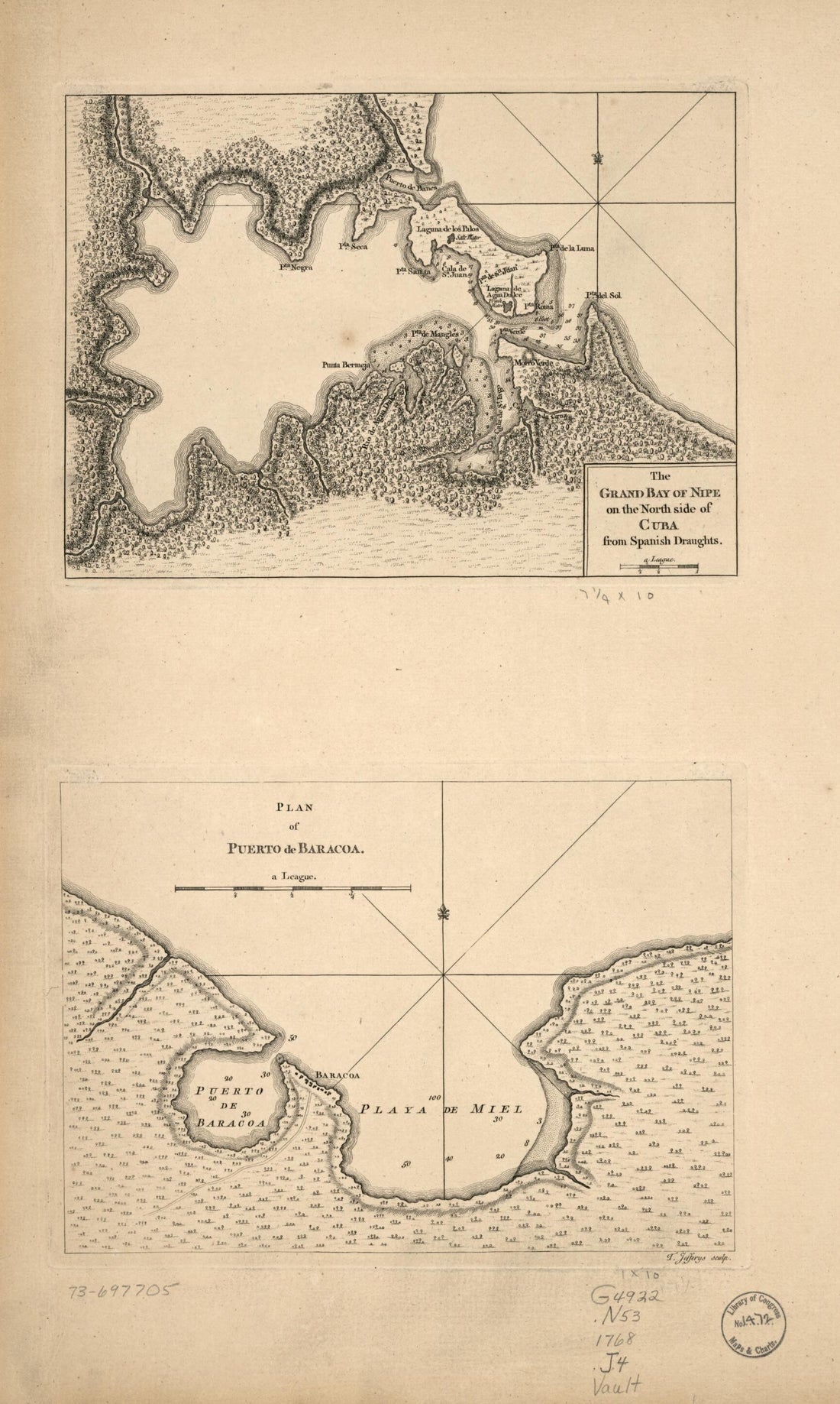 This old map of The Grand Bay of Nipe On the North Side of Cuba from Spanish Draughts from 1768 was created by Thomas Jefferys in 1768